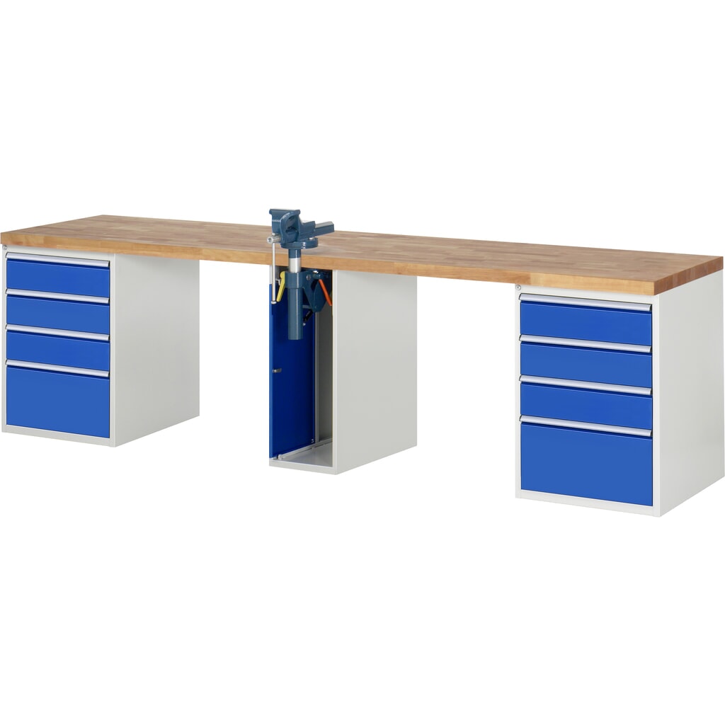 RAU Banco da lavoro Serie 7000, HxLxP 890 x 3.000 x 700 mm, 2 contenitori nella base, ciascuno con 5 cassetti e morsa da banco centrale retrattile Immagine del prodotto: RAU Banco da lavoro Serie 7000, HxLxP 890 x 3.000 x 700 mm, 2 contenitori nella base, ciascuno con 5 cassetti e morsa da banco centrale retrattile