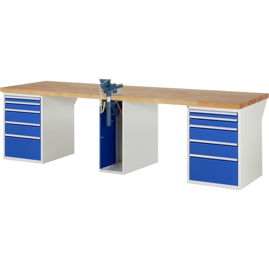 RAU Banco da lavoro Serie 7000, HxLxP 890 x 3.000 x 900 mm, 2 contenitori nella base, ciascuno con 5 cassetti e morsa da banco centrale retrattile Immagine del prodotto n. 1: RAU Banco da lavoro Serie 7000, HxLxP 890 x 3.000 x 900 mm, 2 contenitori nella base, ciascuno con 5 cassetti e morsa da banco centrale retrattile