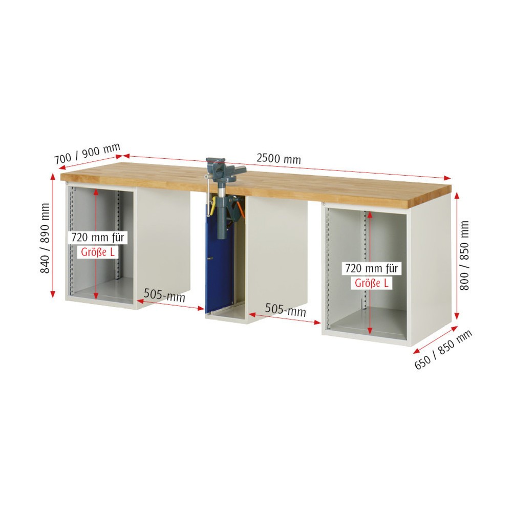 Immagine del prodotto n. 4: Banco da lavoro RAU serie 7000, 3 contenitori, AxLxP 840 x 2.500 x 700 mm, 10 cassetti estraibili al 90%