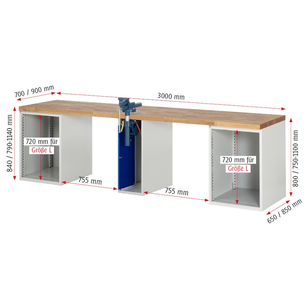 Immagine del prodotto n. 4: Banco da lavoro RAU serie 7000, 3 contenitori, AxLxP 840 x 3.000 x 700 mm, 10 cassetti estraibili al 90%
