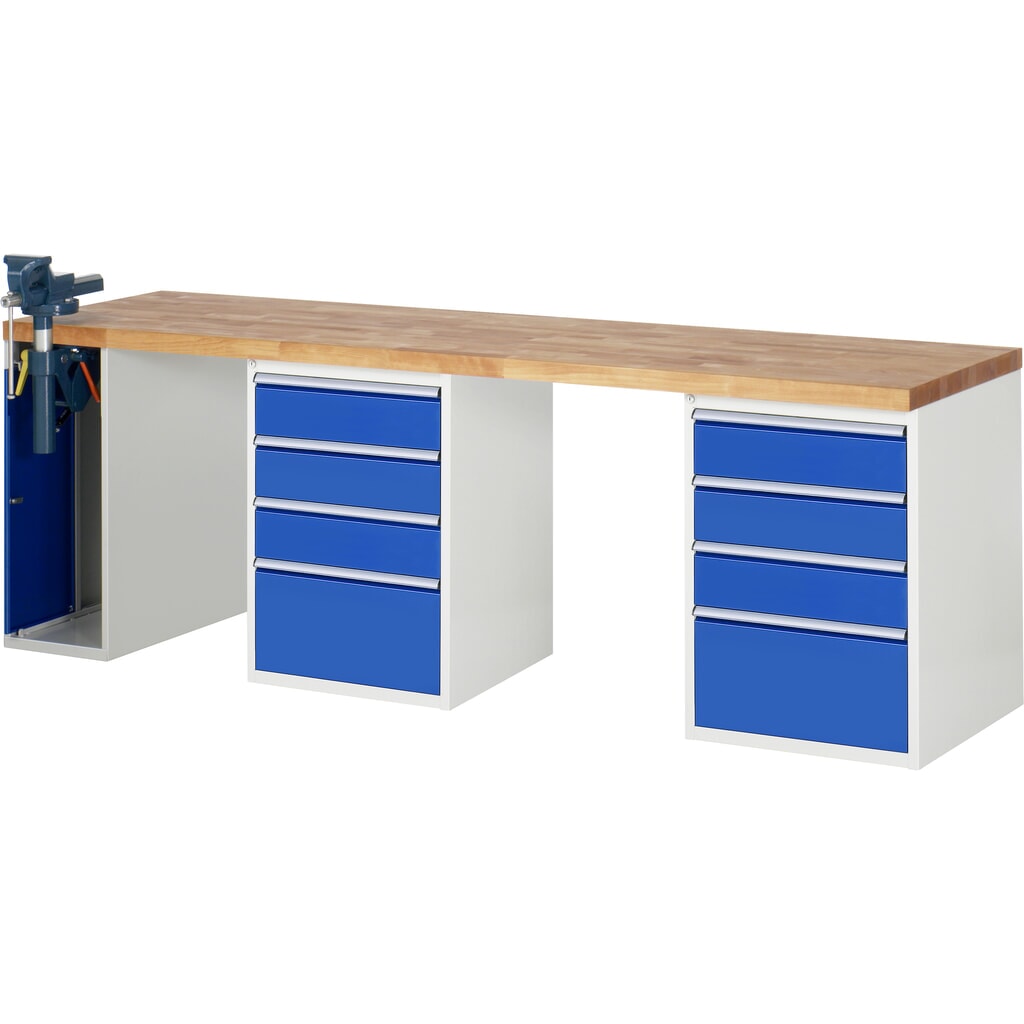 Immagine del prodotto n. 1: RAU Banco da lavoro Serie 7000, HxLxP 890 x 2.500 x 700 mm, 2 contenitori nella base, ciascuno con 4 cassetti e morsa da banco retrattile a sinistra