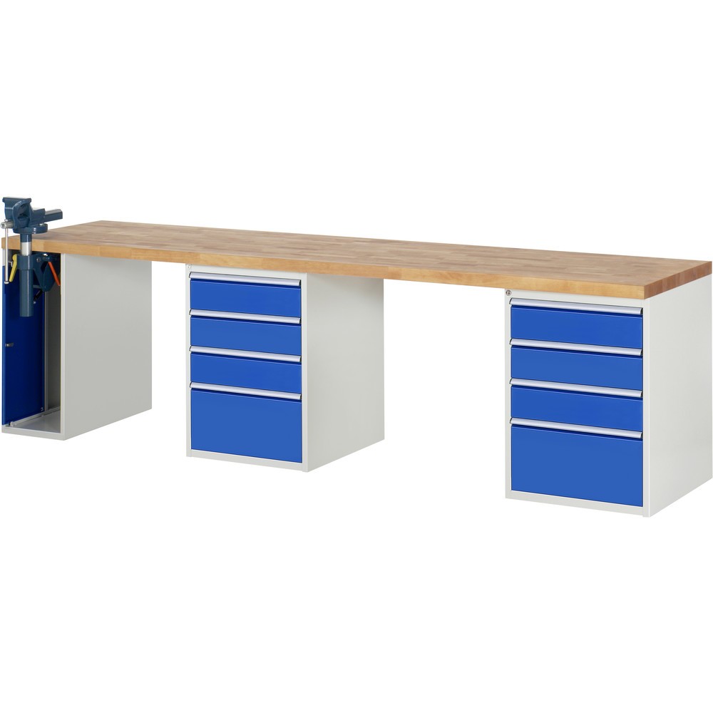 Immagine del prodotto: RAU Banco da lavoro Serie 7000, HxLxP 890 x 3.000 x 700 mm, 2 contenitori nella base, ciascuno con 4 cassetti e morsa da banco retrattile a sinistra