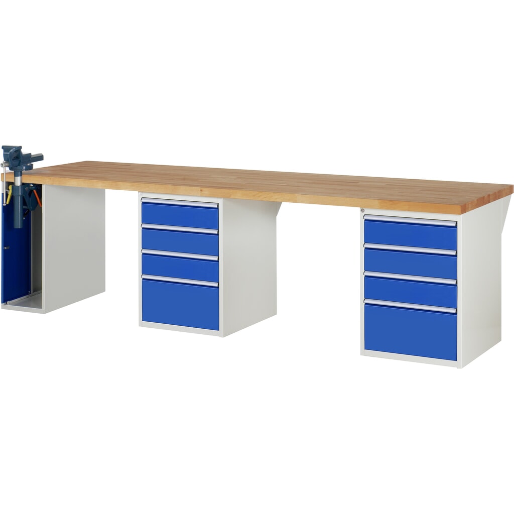 RAU Banco da lavoro Serie 7000, HxLxP 890 x 3.000 x 900 mm, 2 contenitori nella base, ciascuno con 4 cassetti e morsa da banco retrattile a sinistra Immagine del prodotto: RAU Banco da lavoro Serie 7000, HxLxP 890 x 3.000 x 900 mm, 2 contenitori nella base, ciascuno con 4 cassetti e morsa da banco retrattile a sinistra