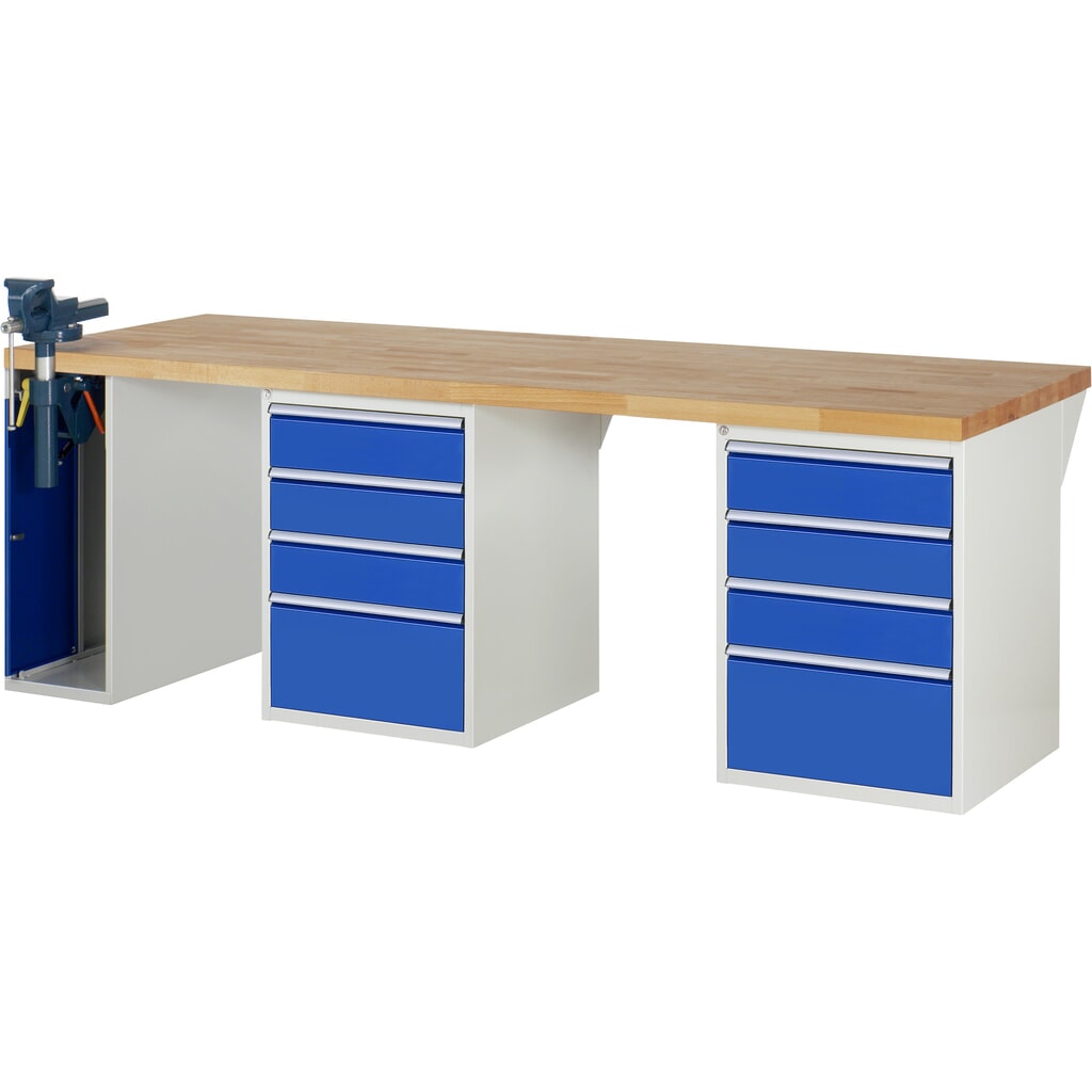 RAU Banco da lavoro Serie 7000, HxLxP 890 x 2.500 x 900 mm, 2 contenitori nella base, ciascuno con 4 cassetti e morsa da banco retrattile a sinistra Immagine del prodotto: RAU Banco da lavoro Serie 7000, HxLxP 890 x 2.500 x 900 mm, 2 contenitori nella base, ciascuno con 4 cassetti e morsa da banco retrattile a sinistra