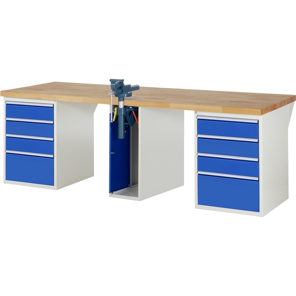 RAU Banco da lavoro Serie 7000, HxLxP 890 x 2.500 x 900 mm, 2 contenitori nella base, ciascuno con 4 cassetti e morsa da banco centrale retrattile Immagine del prodotto: RAU Banco da lavoro Serie 7000, HxLxP 890 x 2.500 x 900 mm, 2 contenitori nella base, ciascuno con 4 cassetti e morsa da banco centrale retrattile