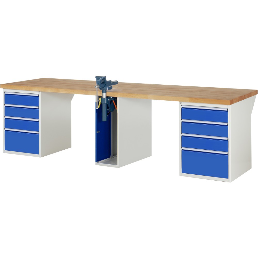 Immagine del prodotto: RAU Banco da lavoro Serie 7000, HxLxP 890 x 3.000 x 900 mm, 2 contenitori nella base, ciascuno con 4 cassetti e morsa da banco centrale retrattile