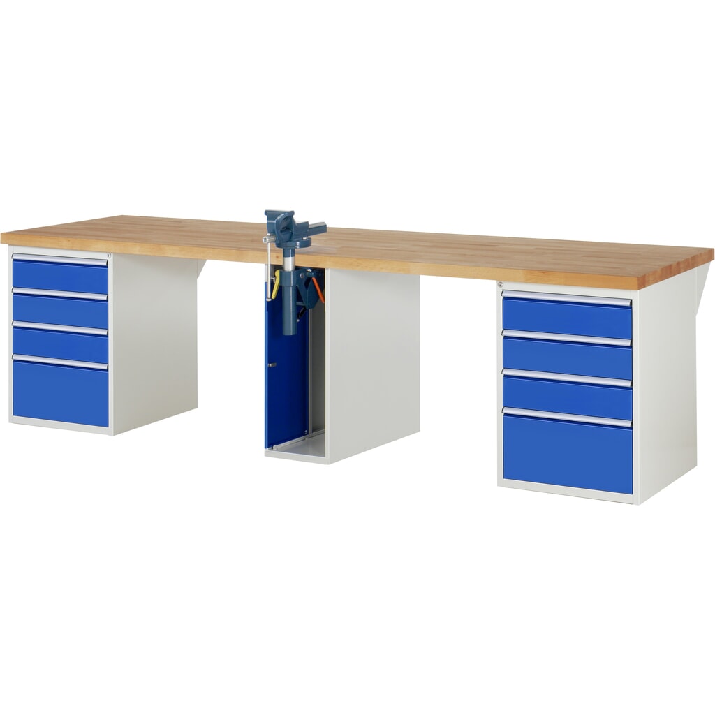 RAU Banco da lavoro Serie 7000, HxLxP 890 x 3.000 x 900 mm, 2 contenitori nella base, ciascuno con 4 cassetti e morsa da banco centrale retrattile Immagine del prodotto n. 1: RAU Banco da lavoro Serie 7000, HxLxP 890 x 3.000 x 900 mm, 2 contenitori nella base, ciascuno con 4 cassetti e morsa da banco centrale retrattile