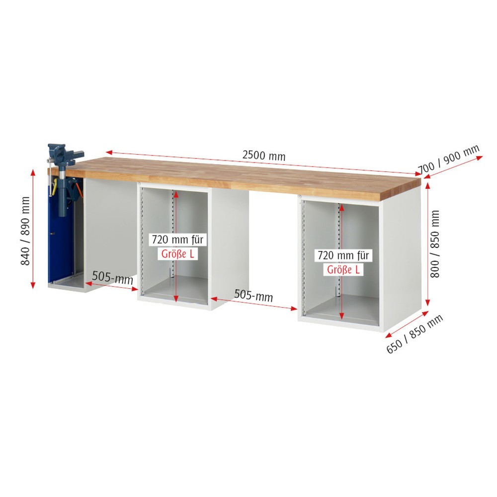 Immagine del prodotto n. 5: Banco da lavoro RAU serie 7000, 3 contenitori, AxLxP 890 x 2.500 x 700 mm, 8 cassetti 6 x 150 mm, 2 x 270 mm