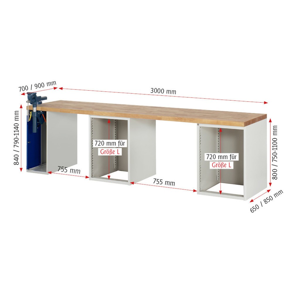 Immagine del prodotto n. 4: Banco da lavoro RAU serie 7000, 3 contenitori, AxLxP 840 x 3.000 x 700 mm, 8 cassetti estraibili al 90% 6 x 150 mm, 2 x 270 mm
