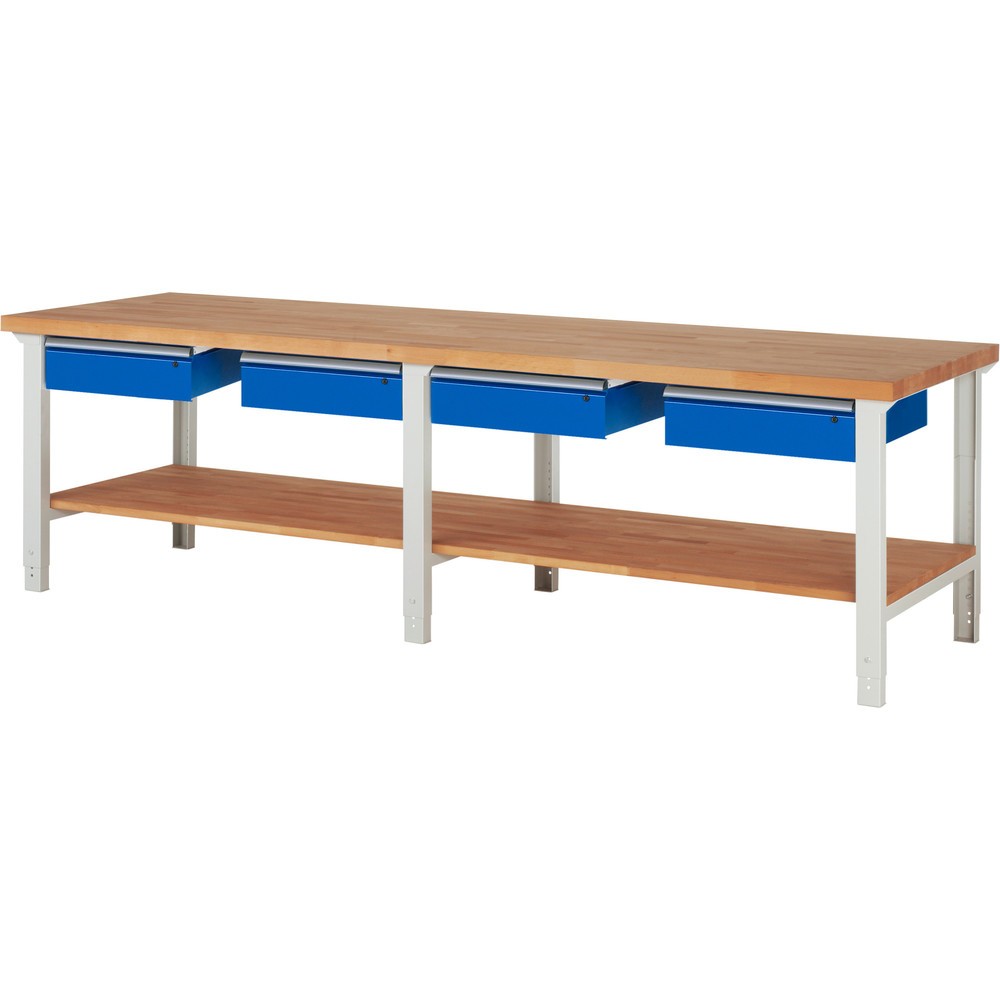 Immagine del prodotto n. 1: Banco da lavoro RAU serie 7000, 1 piano di appoggio in faggio massiccio, AxLxP 790-1.140 x 3.000 x 900 mm, 4 cassetti 4 x 150 mm