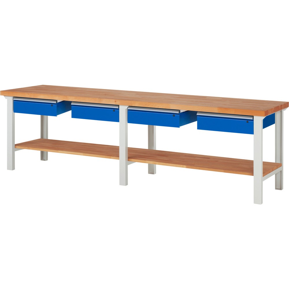 Immagine del prodotto: Banco da lavoro RAU serie 7000, 1 piano di appoggio in faggio massiccio, AxLxP 840 x 3.000 x 700 mm, 4 cassetti 4 x 150 mm