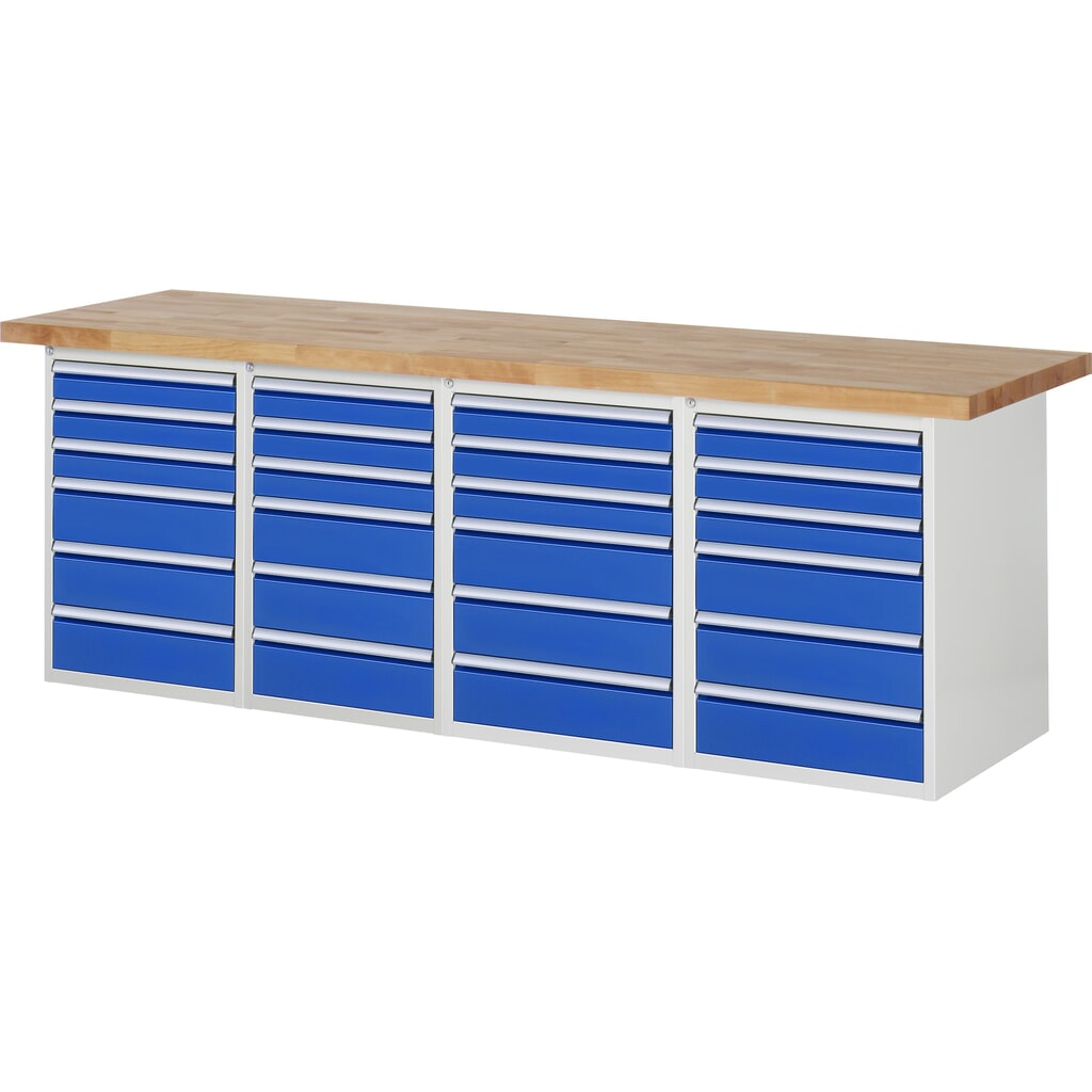 Immagine del prodotto: Banco da lavoro RAU serie 7000, 4 contenitori, AxLxP 840 x 2.500 x 700 mm, 24 cassetti 12 x 90 mm, 12 x 150 mm