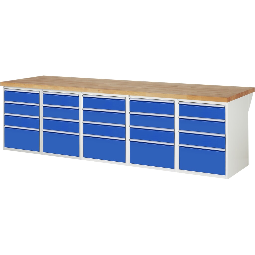 RAU Banco da lavoro Serie 7000, HxLxP 890 x 3.000 x 900 mm, 5 contenitori nella base, ciascuno con 5 cassetti Immagine del prodotto n. 1: RAU Banco da lavoro Serie 7000, HxLxP 890 x 3.000 x 900 mm, 5 contenitori nella base, ciascuno con 5 cassetti