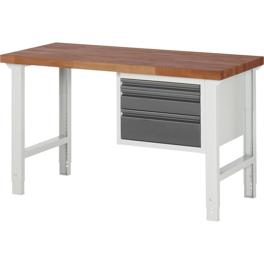 Immagine del prodotto n. 1: Banco da lavoro RAU Serie 7000, piano di lavoro in faggio massiccio, 1 contenitore, AxLxP 790-1.140 x 1.500 x 700 mm, 3 cassetti 1 x 60 mm, 1 x 120 mm, 1 x 180 mm