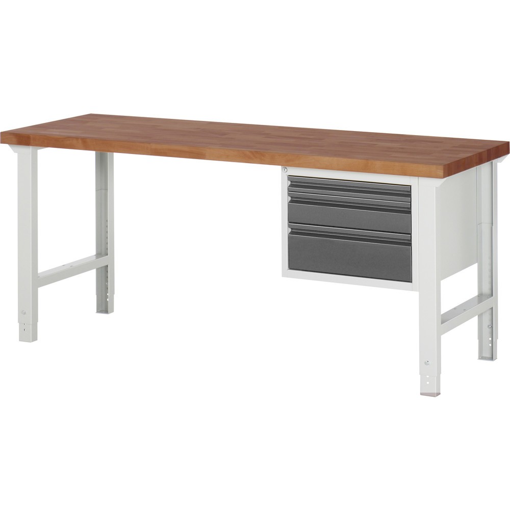 Immagine del prodotto n. 1: Banco da lavoro RAU Serie 7000, piano di lavoro in faggio massiccio, 1 contenitore, AxLxP 790-1.140 x 2.000 x 700 mm, 3 cassetti 1 x 60 mm, 1 x 120 mm, 1 x 180 mm