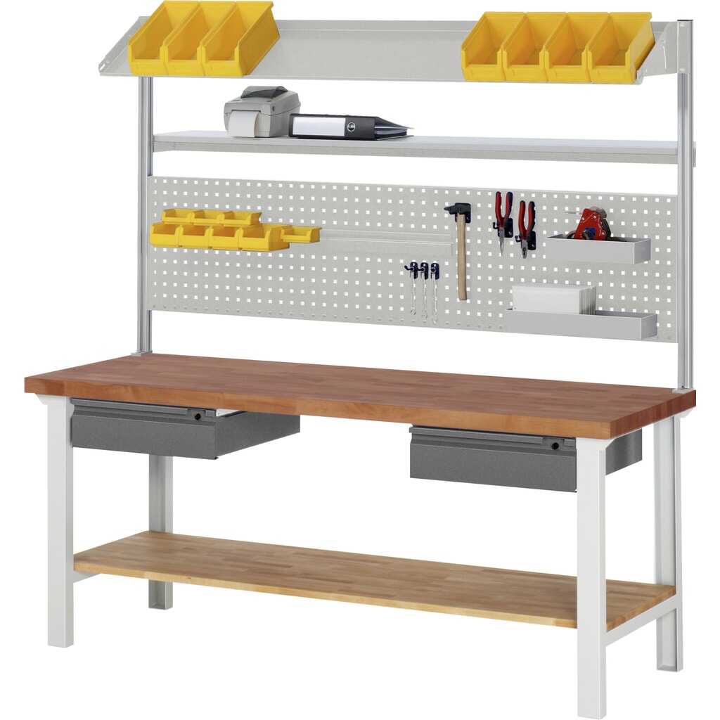 Immagine del prodotto n. 4: Banco da lavoro RAU serie 7000, piano di lavoro in faggio ramato massiccio, 1 cassetto, AxLxP 790-1.140 x 1.500 x 700 mm, 1 cassetto