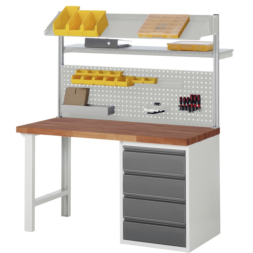 Immagine del prodotto n. 6: Banco da lavoro RAU serie 7000, piano di lavoro in faggio ramato massiccio, 1 cassetto, AxLxP 790-1.140 x 1.500 x 700 mm, 1 cassetto