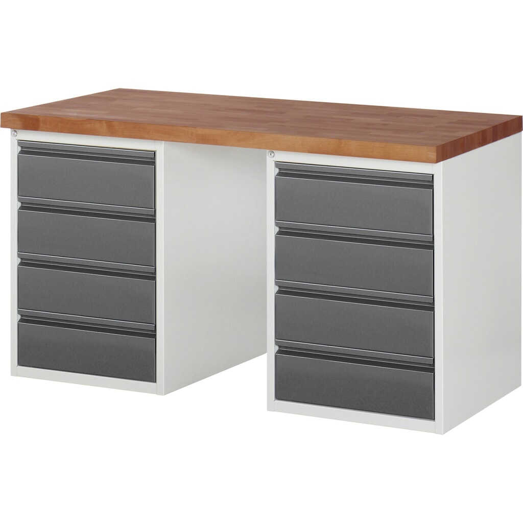 Banco da lavoro RAU Serie 7000, piano di lavoro in faggio massiccio, 2 contenitore, AxLxP 890 x 1.500 x 700 mm, 8 cassetti 8 x 180 mm Immagine del prodotto: Banco da lavoro RAU Serie 7000, piano di lavoro in faggio massiccio, 2 contenitore, AxLxP 890 x 1.500 x 700 mm, 8 cassetti 8 x 180 mm