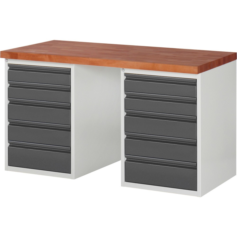 Immagine del prodotto n. 1: Banco da lavoro RAU Serie 7000, piano di lavoro in faggio massiccio, 2 contenitore, AxLxP 890 x 1.500 x 700 mm, 10 cassetti 4 x 120 mm, 4 x 150 mm, 2 x 180 mm