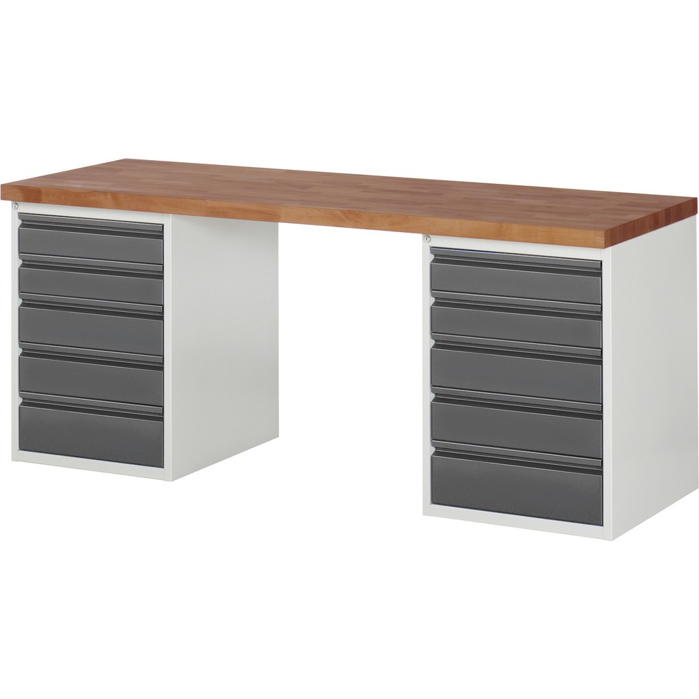 Immagine del prodotto n. 1: Banco da lavoro RAU Serie 7000, piano di lavoro in faggio massiccio, 2 contenitore, AxLxP 890 x 2.000 x 700 mm, 10 cassetti 4 x 120 mm, 4 x 150 mm, 2 x 180 mm