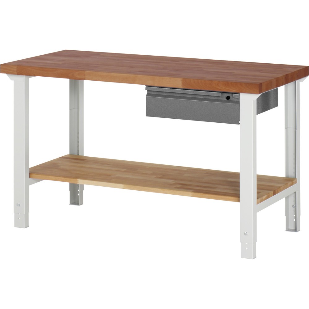 Immagine del prodotto: Banco da lavoro RAU Serie 7000, piano di lavoro in faggio massiccio, 1 cassetto, 1 piano di appoggio in faggio massiccio, AxLxP 790-1.140 x 1.500 x 700 mm, 1 cassetto