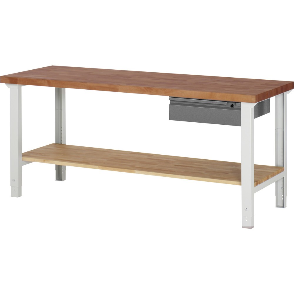 Immagine del prodotto n. 1: Banco da lavoro RAU Serie 7000, piano di lavoro in faggio massiccio, 1 cassetto, 1 piano di appoggio in faggio massiccio, AxLxP 790-1.140 x 2.000 x 700 mm, 1 cassetto