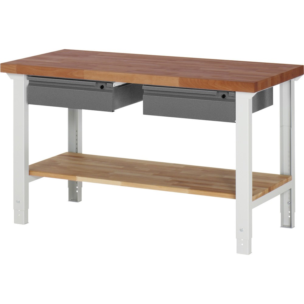 Immagine del prodotto n. 1: Banco da lavoro RAU Serie 7000, piano di lavoro in faggio massiccio, 2 cassetti, 1 piano di appoggio in faggio massiccio, AxLxP 790-1.140 x 1.500 x 700 mm, 2 cassetti