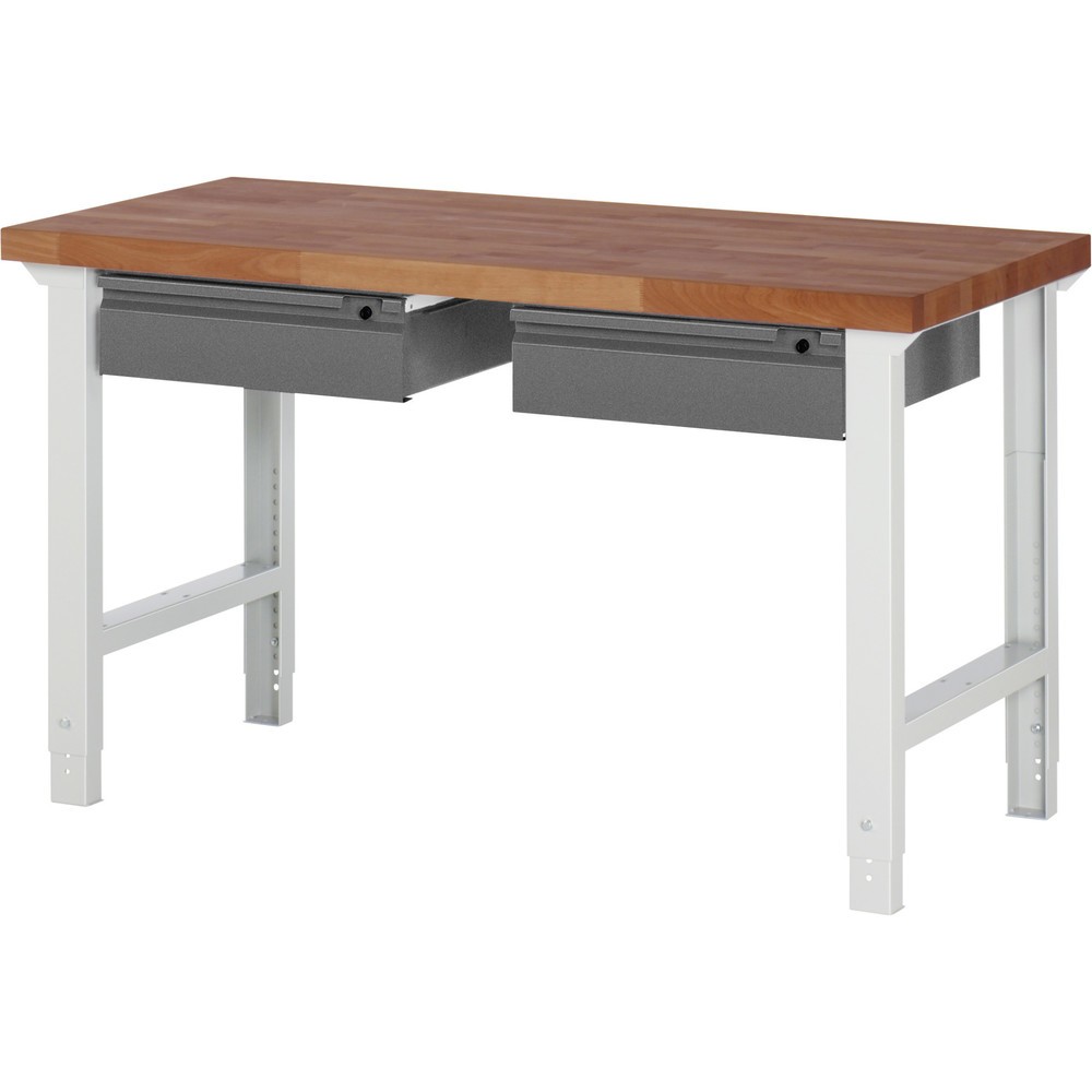 Immagine del prodotto n. 1: Banco da lavoro RAU serie 7000, piano di lavoro in faggio ramato massiccio, 2 cassetti, AxLxP 790-1.140 x 1.500 x 700 mm, 2 cassetti