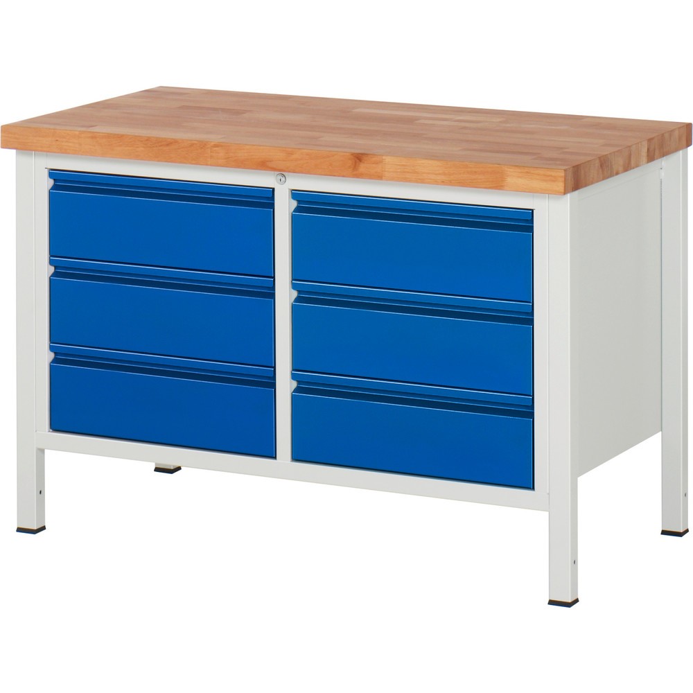 Immagine del prodotto n. 1: Banco da lavoro RAU serie 8000, 1 contenitore doppio, AxLxP 840-1.040 x 1.250 x 700 mm, 6 cassetti estraibili al 90% 6 x 180 mm