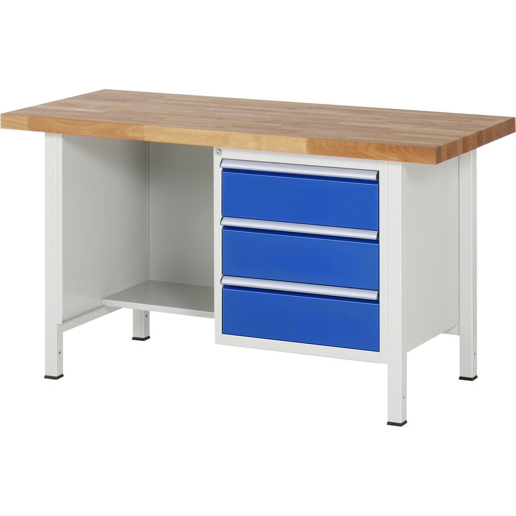 RAU Banco da lavoro Serie 8000, HxLxP 840-1.040 x 1.500 x 700 mm, 1 contenitore nella base a destra e vano portaoggetti, con 3 cassetti Immagine del prodotto: RAU Banco da lavoro Serie 8000, HxLxP 840-1.040 x 1.500 x 700 mm, 1 contenitore nella base a destra e vano portaoggetti, con 3 cassetti