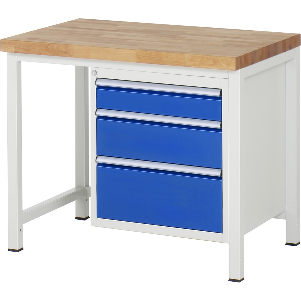 RAU Banco da lavoro Serie 8000, HxLxP 840-1.040 x 1.000 x 700 mm, 1 contenitore nella base a destra, con 3 cassetti Immagine del prodotto: RAU Banco da lavoro Serie 8000, HxLxP 840-1.040 x 1.000 x 700 mm, 1 contenitore nella base a destra, con 3 cassetti