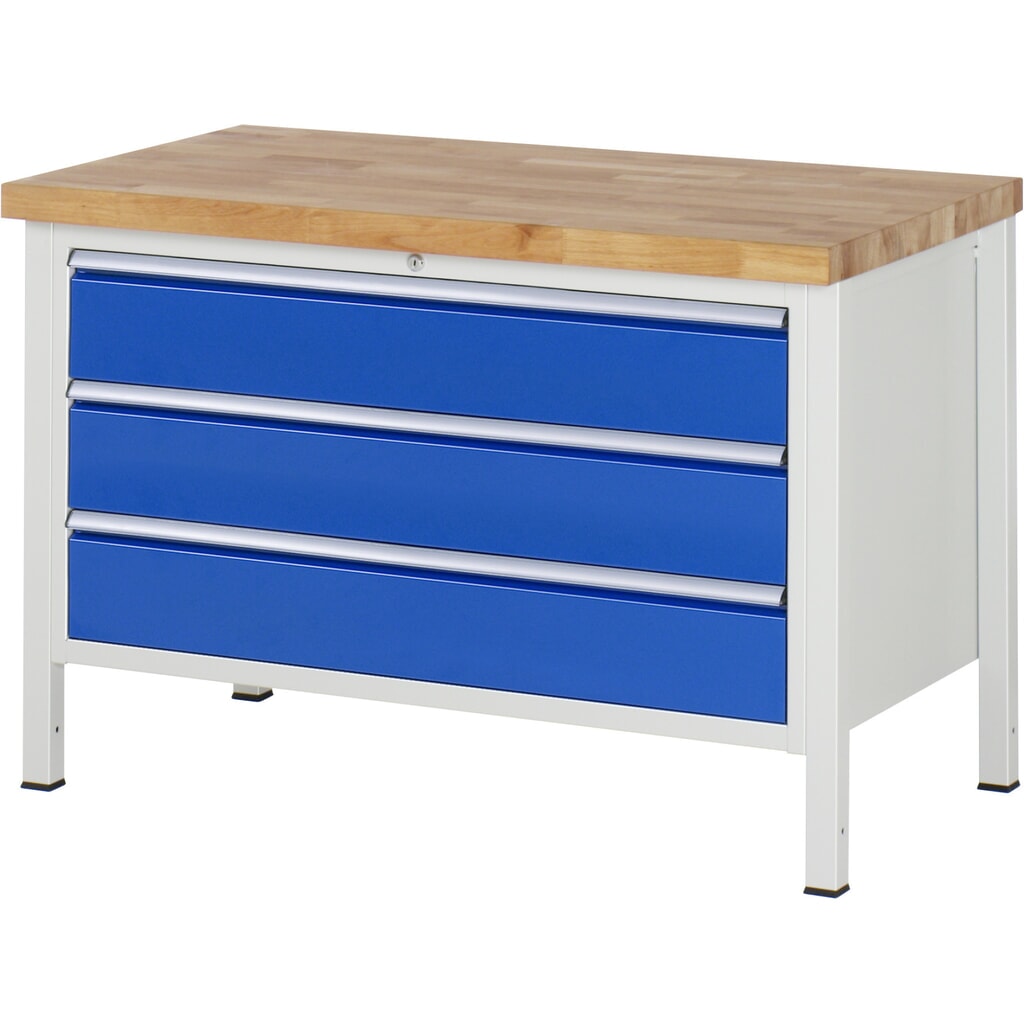Immagine del prodotto: Banco da lavoro RAU serie 8000, AxLxP 840-1.040 x 1.250 x 700 mm, 3 cassetti estraibili al 90% 3 x 180 mm, portata cassetti 50 kg