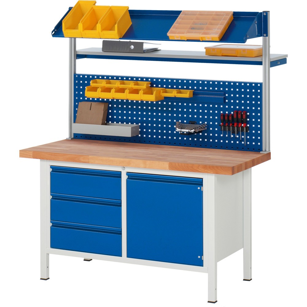 Immagine del prodotto n. 1: Banco da lavoro RAU serie 8000, 1 contenitore doppio, 1 anta battente, 1 ripiano, AxLxP 840 x 1.500 x 700 mm, 3 cassetti