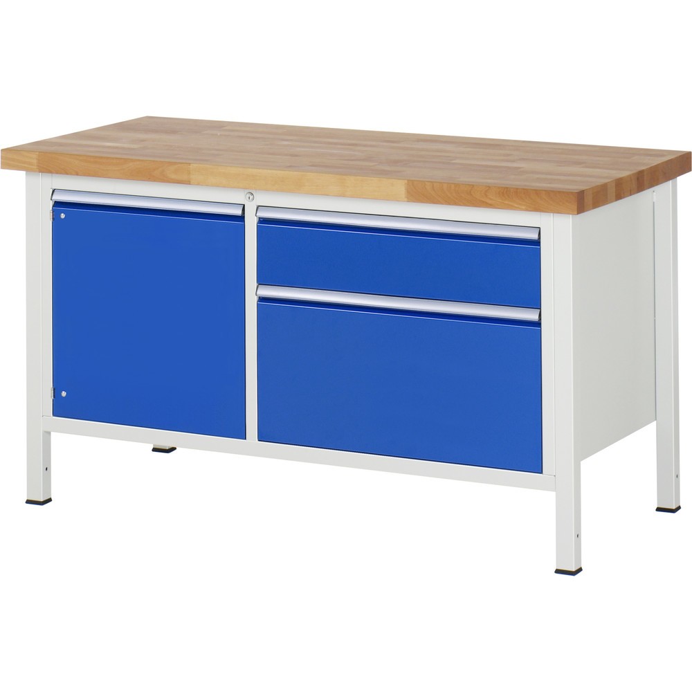 Immagine del prodotto n. 1: Banco da lavoro RAU serie 8000, 1 contenitore doppio, 1 piano di appoggio, 1 anta battente, AxLxP 840-1.040 x 1.500 x 700 mm, 2 cassetti estraibili al 90% 1 x 180, 1 x 360 mm