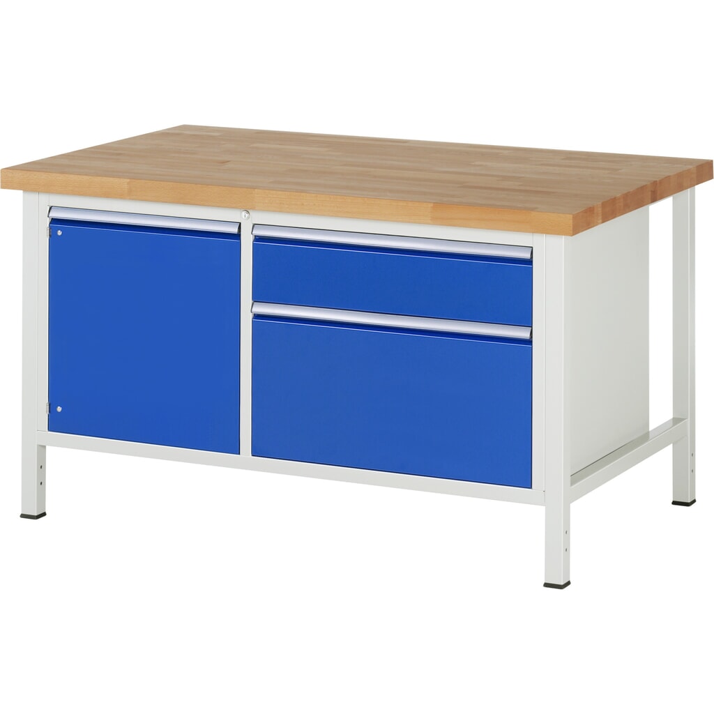 Immagine del prodotto: Banco da lavoro RAU serie 8000, 1 contenitore doppio, 1 ripiano, 1 anta battente, AxLxP 840-1.040 x 1.500 x 900 mm, 2 cassetti estraibili al 100% 1 x 180, 1 x 360 mm