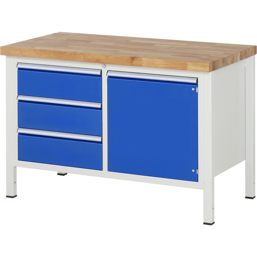 Immagine del prodotto: Banco da lavoro RAU serie 8000, 1 contenitore doppio, 1 ripiano, 1 anta battente, AxLxP 840-1.040 x 1.250 x 700 mm, 3 cassetti estraibili al 100%