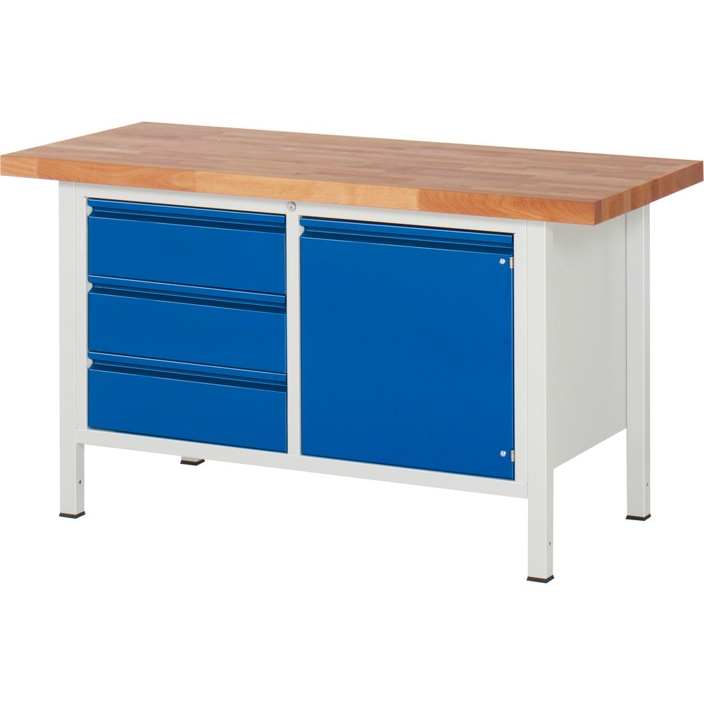 Immagine del prodotto: Banco da lavoro RAU serie 8000, 1 contenitore doppio, 1 ripiano, 1 anta battente, AxLxP 840 x 1.500 x 700 mm, 3 cassetti estraibili al 90%