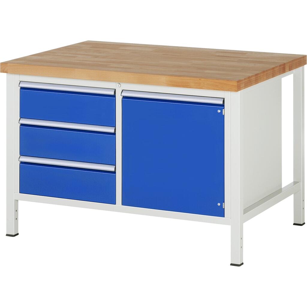 Immagine del prodotto: RAU Banco da lavoro Serie 8000, HxLxP 840-1.040 x 1.250 x 900 mm, 1 contenitore doppio nella base, con 3 cassetti e 1 anta battente