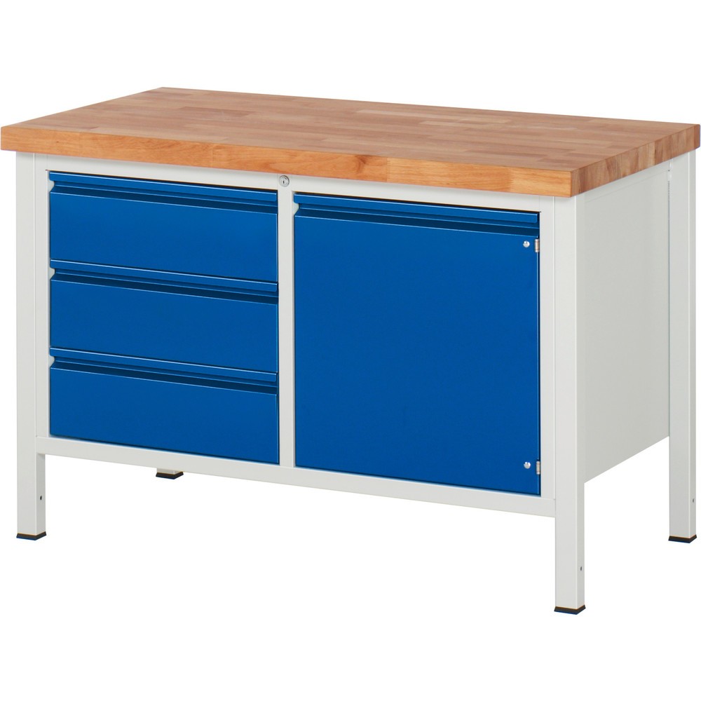 Immagine del prodotto n. 1: Banco da lavoro RAU serie 8000, 1 contenitore doppio, 1 ripiano, 1 anta battente, AxLxP 840-1.040 x 1.250 x 700 mm, 3 cassetti estraibili al 90%