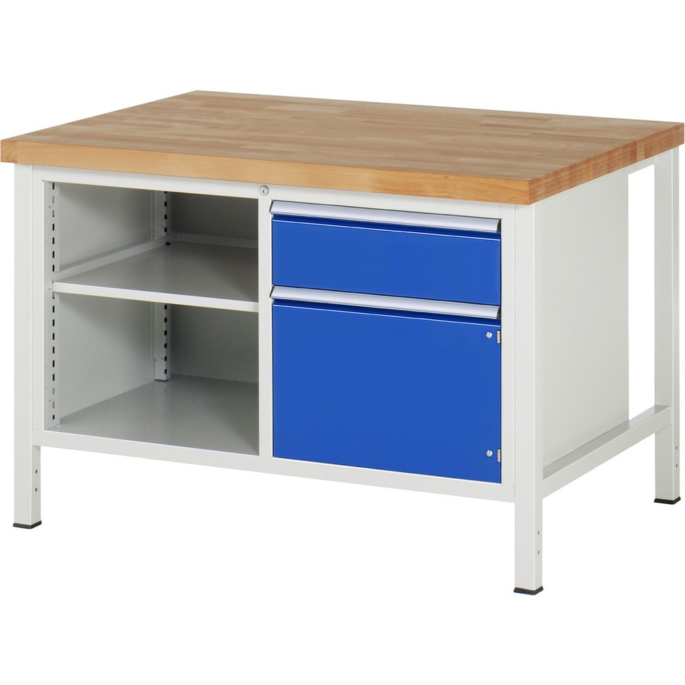 Immagine del prodotto: Banco da lavoro RAU serie 8000, 1 contenitore doppio, AxLxP 840-1.040 x 1.250 x 900 mm, 1 cassetto, 1 anta battente
