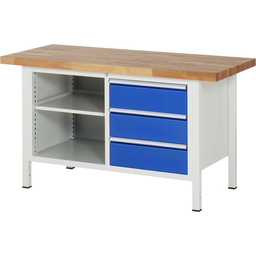 Immagine del prodotto: Banco da lavoro RAU serie 8000, 1 contenitore doppio, 1 ripiano, AxLxP 840-1.040 x 1.500 x 700 mm, 3 cassetti estraibili al 100%