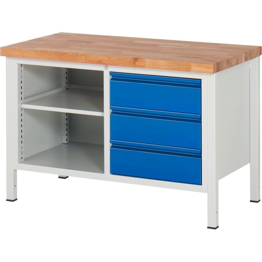 Banco da lavoro RAU serie 8000, 1 contenitore doppio, 1 ripiano, AxLxP 840-1.040 x 1.250 x 700 mm, 3 cassetti estraibili al 90% Immagine del prodotto: Banco da lavoro RAU serie 8000, 1 contenitore doppio, 1 ripiano, AxLxP 840-1.040 x 1.250 x 700 mm, 3 cassetti estraibili al 90%