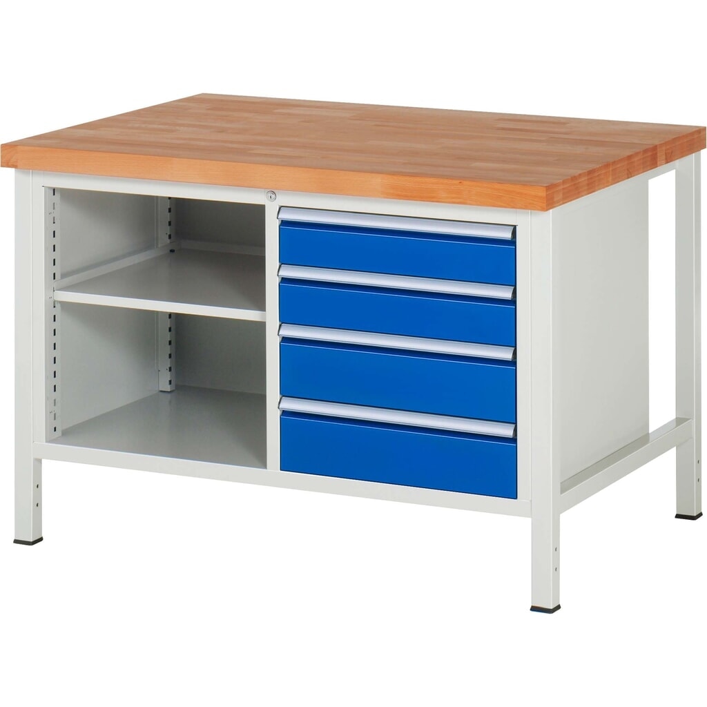 RAU Banco da lavoro Serie 8000, HxLxP 840-1.040 x 1.250 x 900 mm, 1 contenitore doppio nella base, ciascuno con 4 cassetti Immagine del prodotto: RAU Banco da lavoro Serie 8000, HxLxP 840-1.040 x 1.250 x 900 mm, 1 contenitore doppio nella base, ciascuno con 4 cassetti