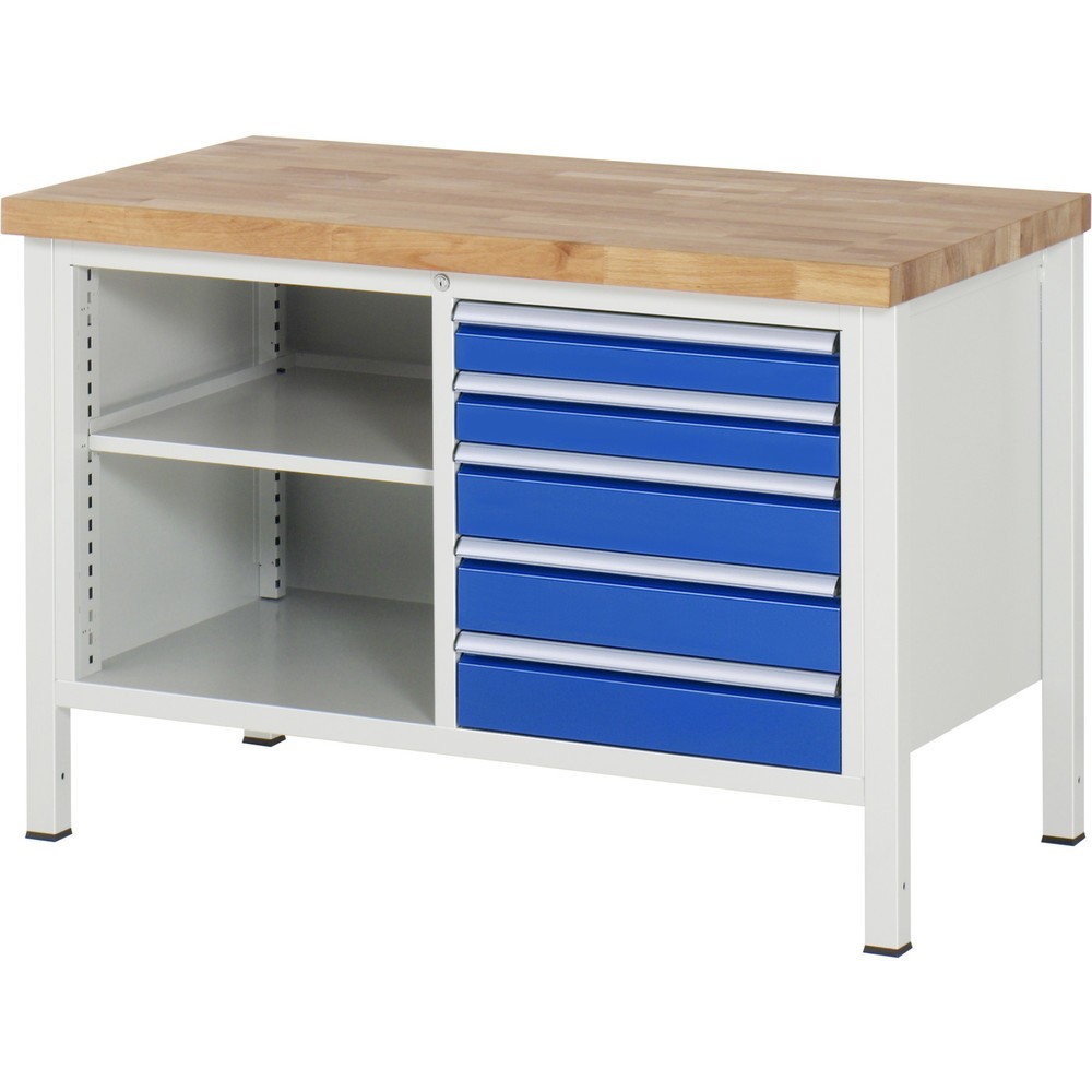 Immagine del prodotto: Banco da lavoro RAU serie 8000, 1 contenitore doppio, AxLxP 840 x 1.250 x 700 mm, 5 cassetti