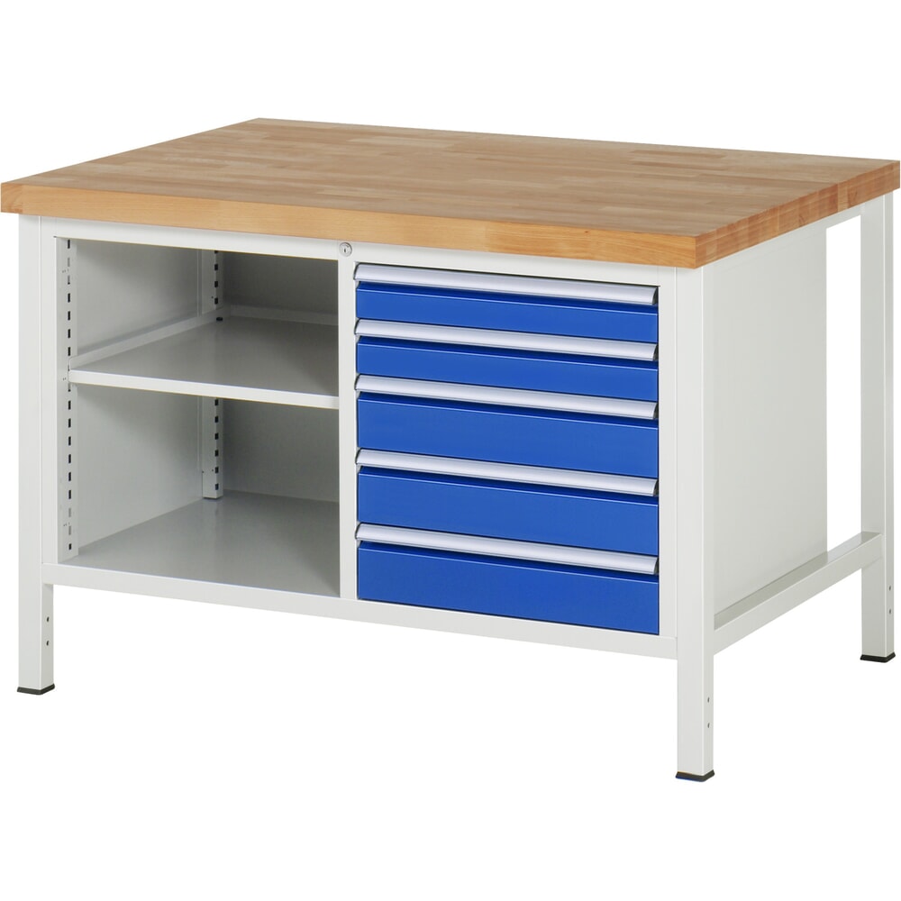 Immagine del prodotto: Banco da lavoro RAU serie 8000, 1 contenitore doppio, AxLxP 840 x 1.250 x 900 mm, 5 cassetti