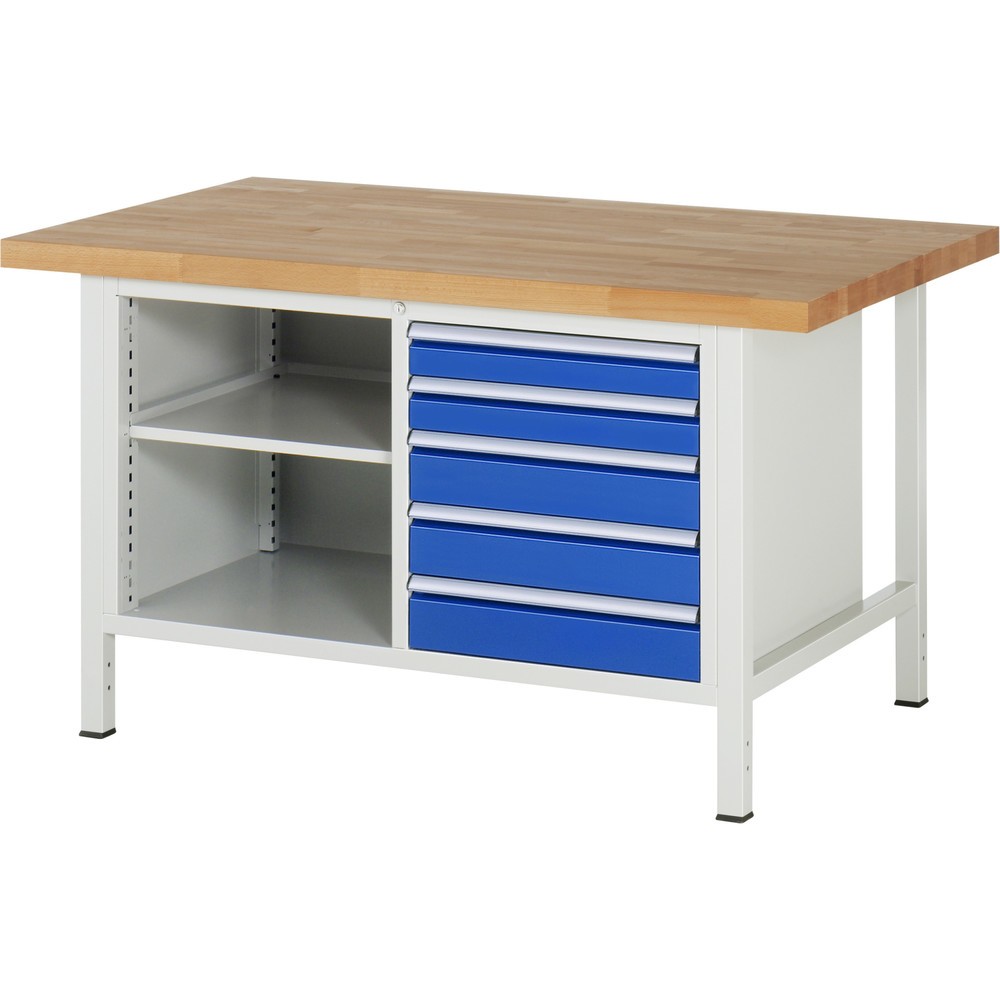 Immagine del prodotto: Banco da lavoro RAU serie 8000, 1 contenitore doppio, AxLxP 840 x 1.500 x 900 mm, 5 cassetti