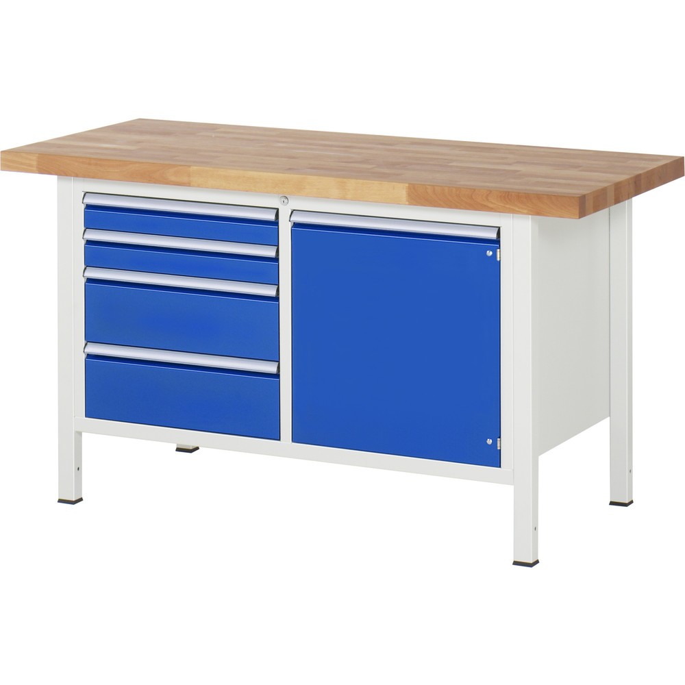 Immagine del prodotto n. 1: Banco da lavoro RAU serie 8000, 1 contenitore doppio, 1 ripiano, 1 anta battente, AxLxP 840 x 1.500 x 700 mm, 4 cassetti estraibili al 100% 2 x 90, 2 x 180 mm