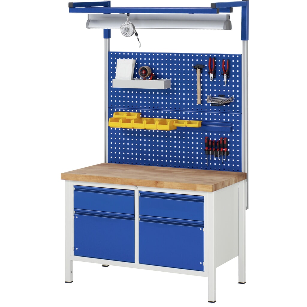 Immagine del prodotto n. 8: Banco da lavoro RAU serie 8000, 1 contenitore doppio, 1 ripiano, 1 anta battente, AxLxP 840-1.040 x 1.250 x 700 mm, 3 cassetti estraibili al 90%
