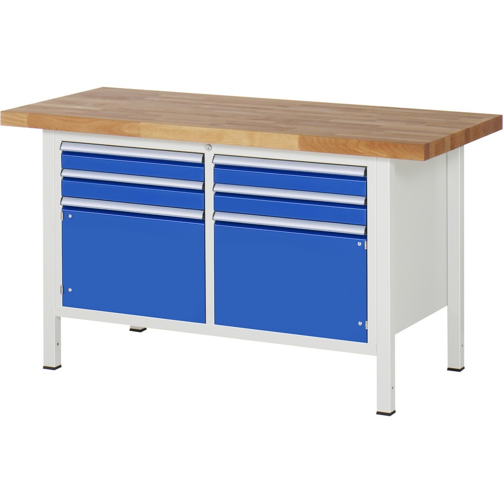 Immagine del prodotto: Banco da lavoro RAU serie 8000, 1 contenitore doppio, 2 ante battenti, AxLxP 840-1.040 x 1.500 x 700 mm, 4 cassetti