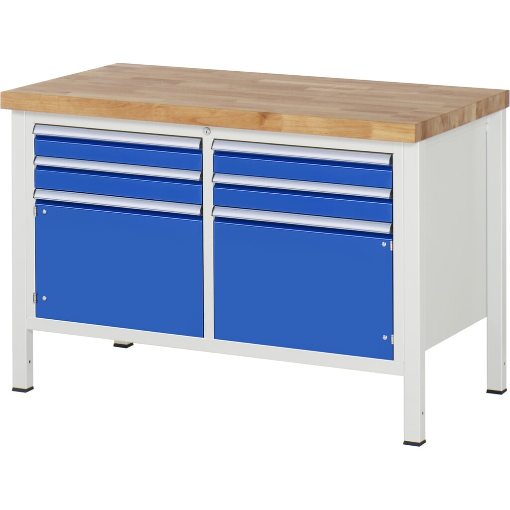 Banco da lavoro RAU serie 8000, 1 contenitore doppio, 2 ante battenti, AxLxP 840-1.040 x 1.250 x 700 mm, 4 cassetti Immagine del prodotto: Banco da lavoro RAU serie 8000, 1 contenitore doppio, 2 ante battenti, AxLxP 840-1.040 x 1.250 x 700 mm, 4 cassetti